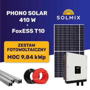 Zestaw fotowoltaiczny 9.8kW do samodzielnego montażu na dachu pokrytym blachodachówką. Falownik FoxESS T10 i panele Phono Solar 410W
